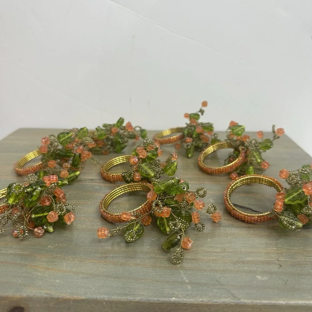Lot of 8 Beaded Napkin Rings Peach Flowers Green Leaves Flower Spray